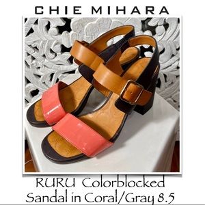 Chie Mihara Color-blocked Sandals Coral Gray Nude Size 8.5 Patent Leather Heels